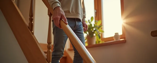 Senior utilisant l'escalier de manière sécurisée avec une rampe solide dans un intérieur chaleureux