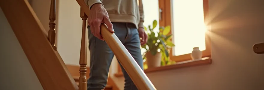Senior utilisant l'escalier de manière sécurisée avec une rampe solide dans un intérieur chaleureux