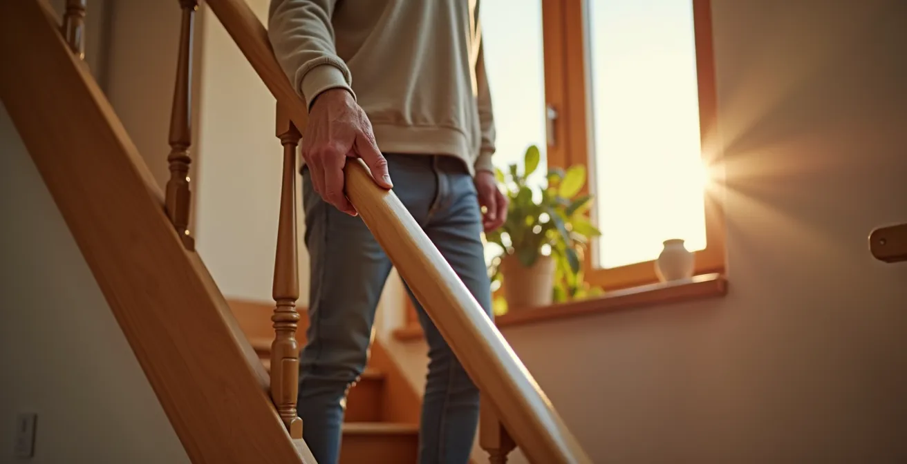 Senior utilisant l'escalier de manière sécurisée avec une rampe solide dans un intérieur chaleureux