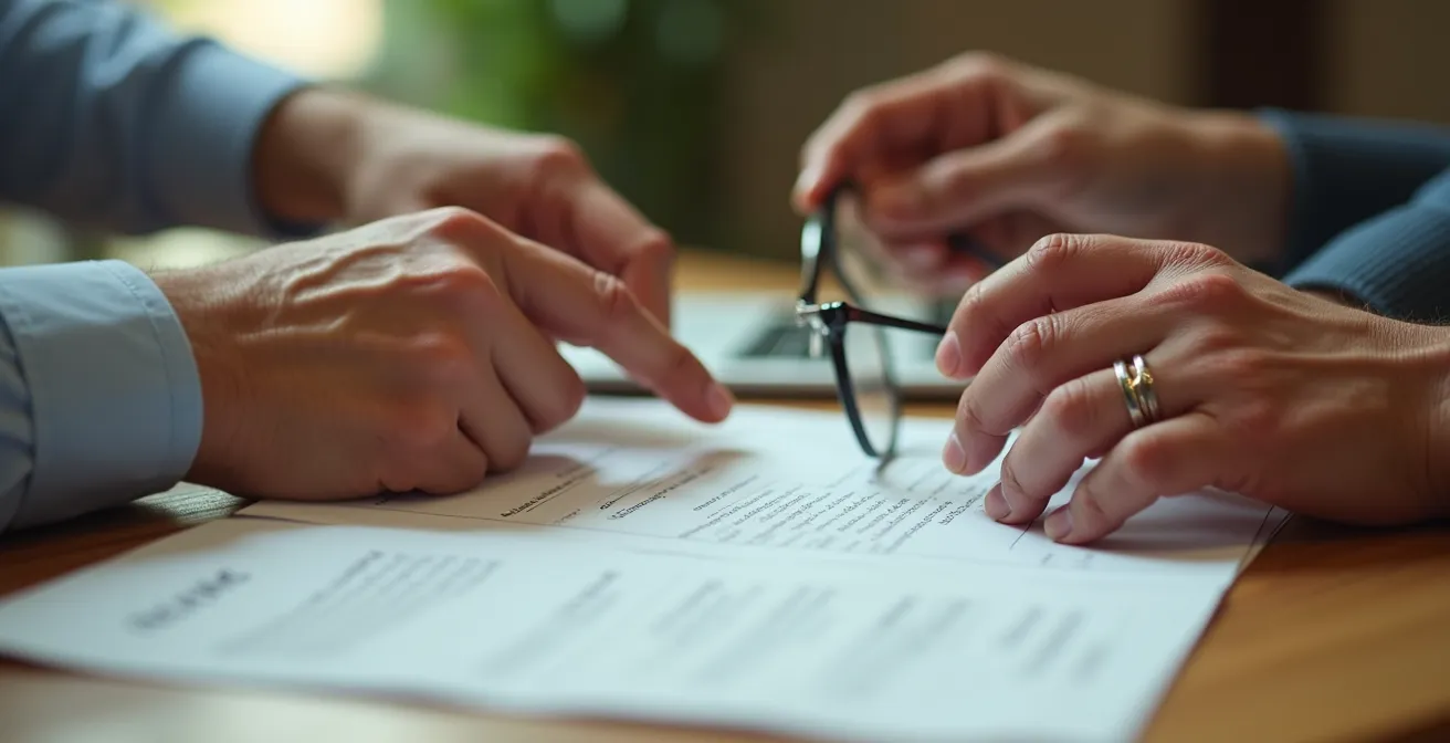 Gros plan sur des mains de seniors examinant des papiers sur une table