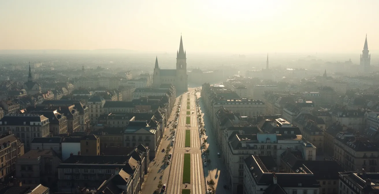 Vue aérienne du centre historique de Dijon avec ses espaces verts et le tramway