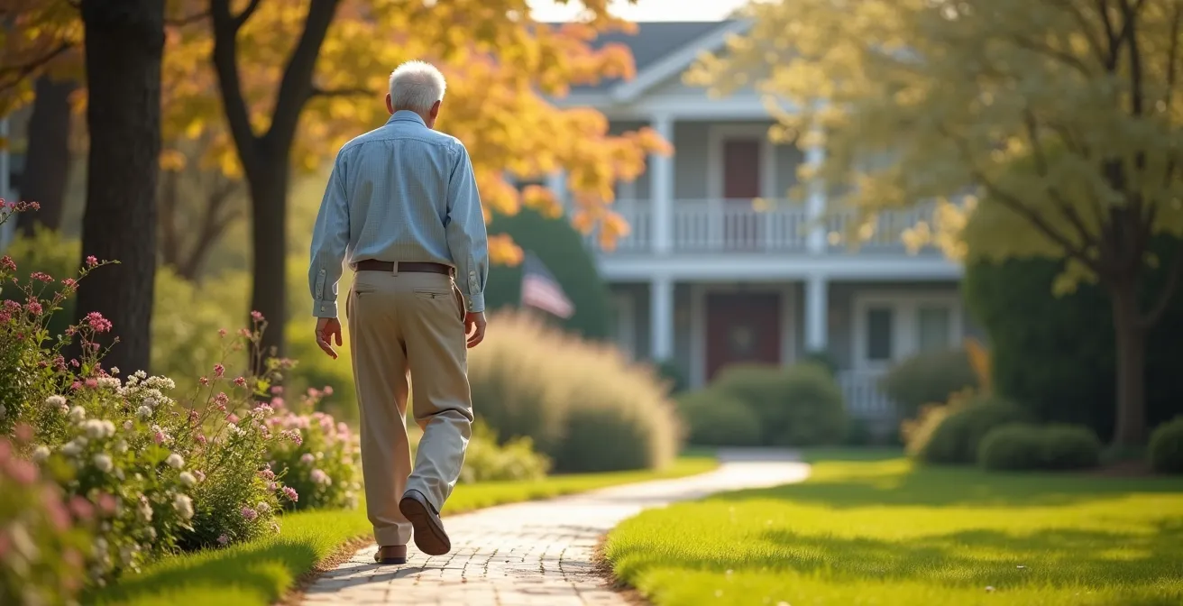 Personne âgée marchant dans un jardin fleuri de résidence au printemps