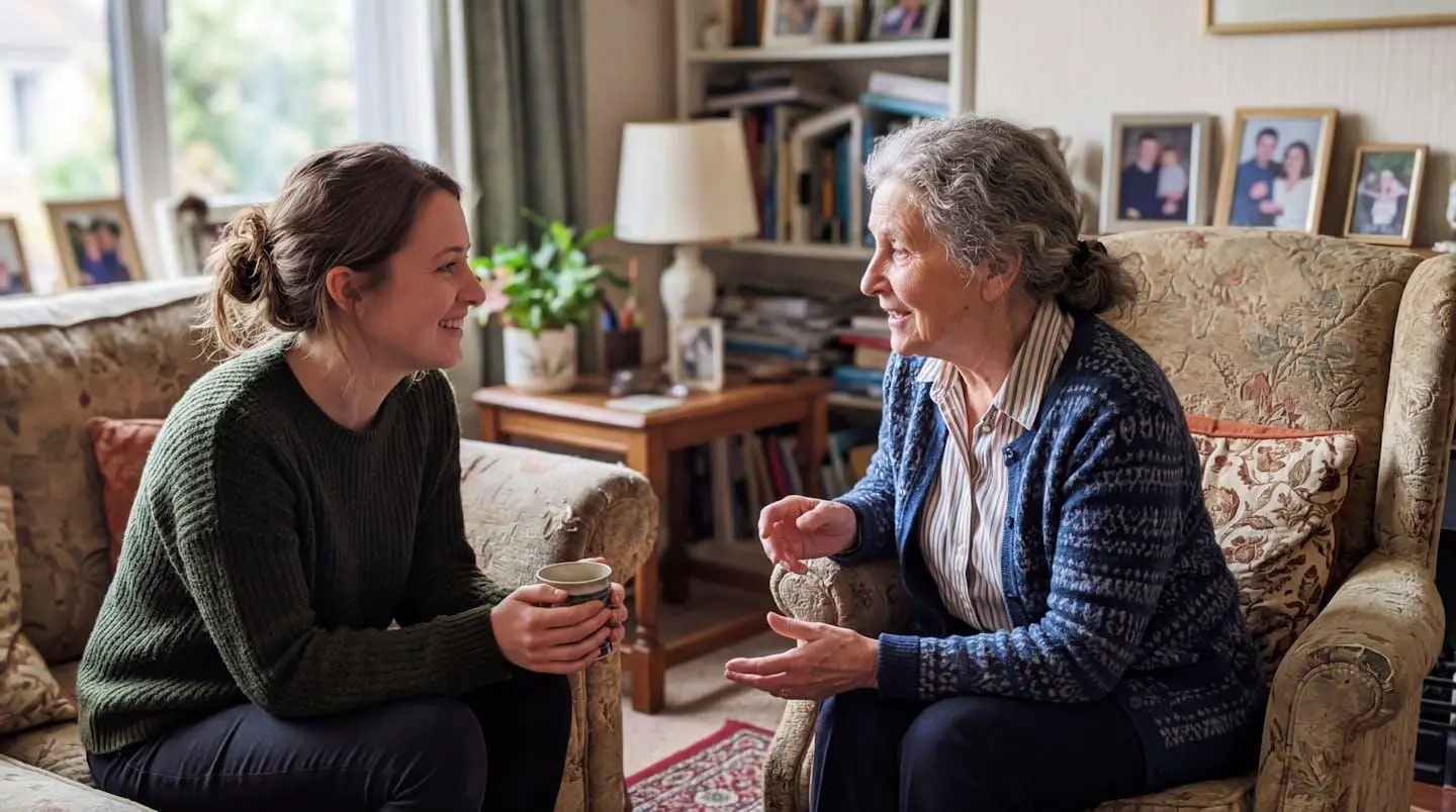 Une personne âgée et un proche en conversation, vus de profil, dans un intérieur lumineux