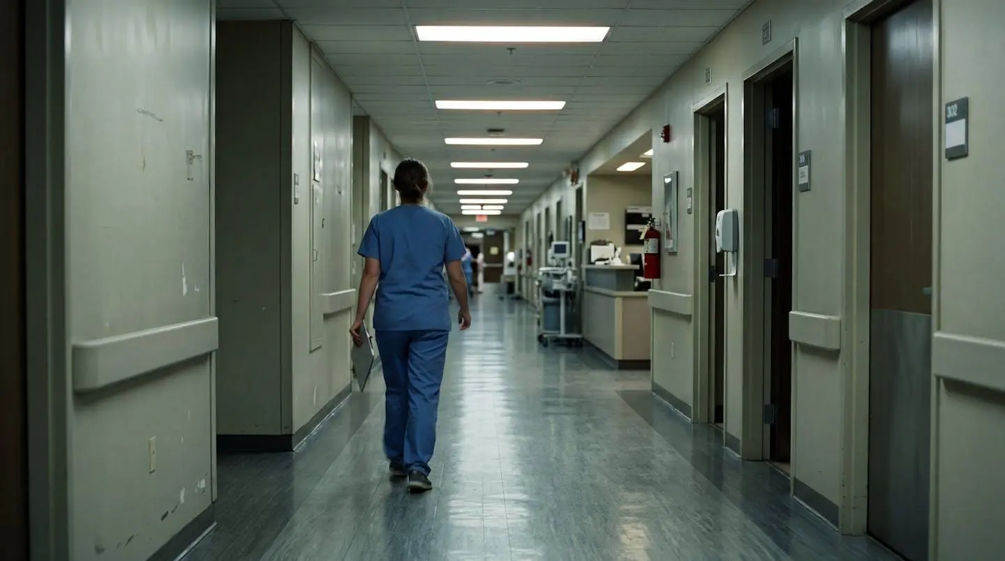 Couloir d'hôpital avec personnel soignant marchant de dos, lumière fluorescente atténuée