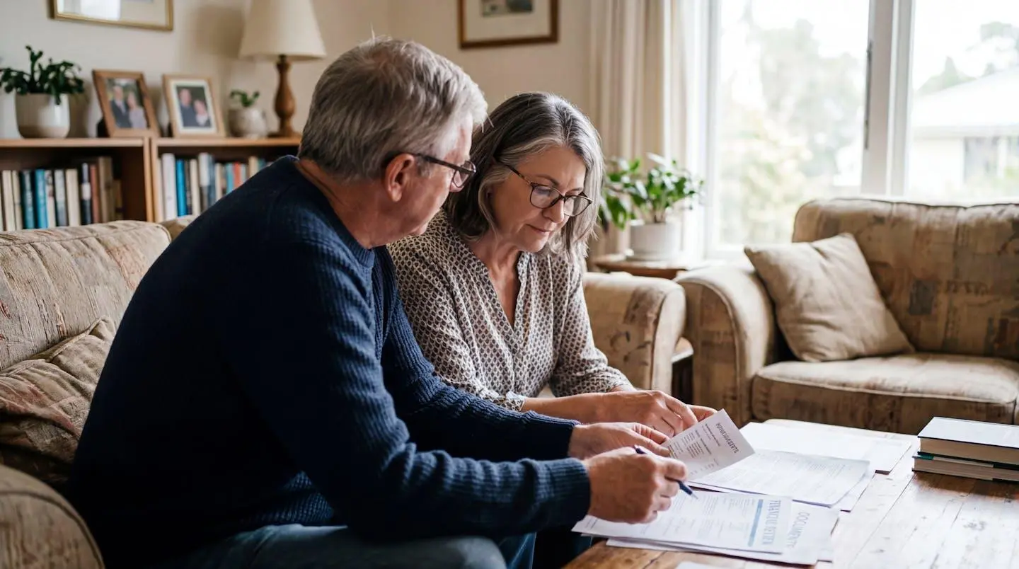 Un couple de seniors assis sur un canapé, consultant ensemble des documents avec une expression concentrée