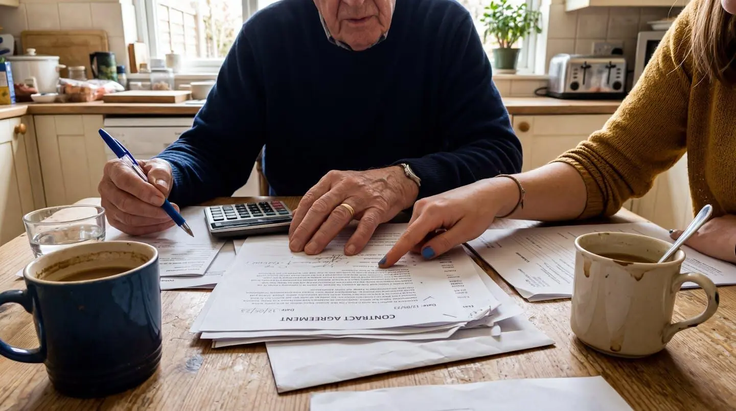 Mains de deux personnes feuilletant des documents administratifs sur une table de cuisine, avec des tasses de café visibles