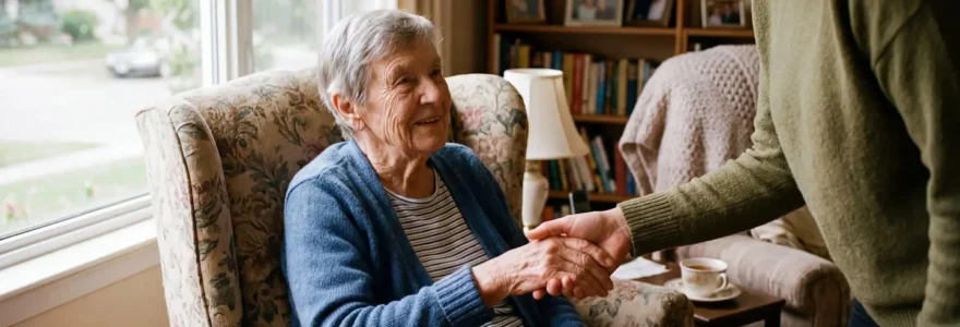 Une personne âgée assise dans un fauteuil, sa main posée sur celle d'un proche debout à côté, dans un salon baigné de lumière naturelle