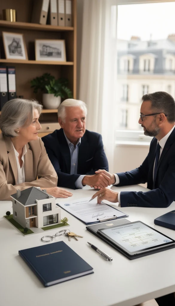 Un monsieur discute avec un couple de retraités de leur situation patrimoniale