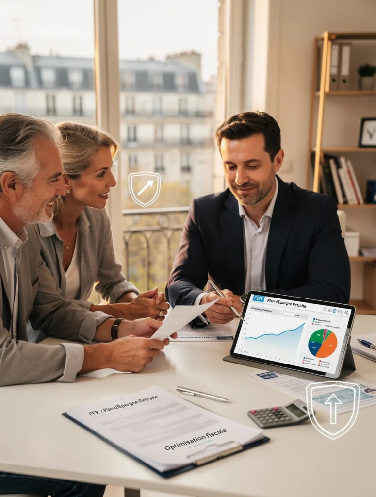 Un monsieur discute avec un couple de retraités du PER