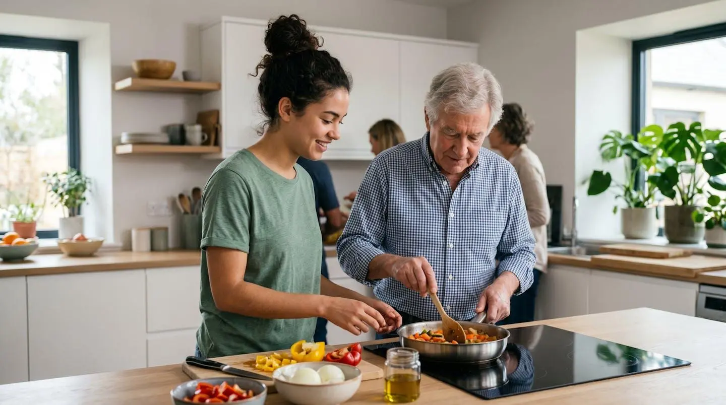 Une jeune personne et un senior préparent ensemble des aliments dans une cuisine moderne partagée, vue de profil, interaction naturelle et conviviale