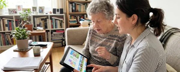 Une femme senior et une personne plus jeune consultent ensemble des documents sur une tablette dans un salon lumineux et moderne