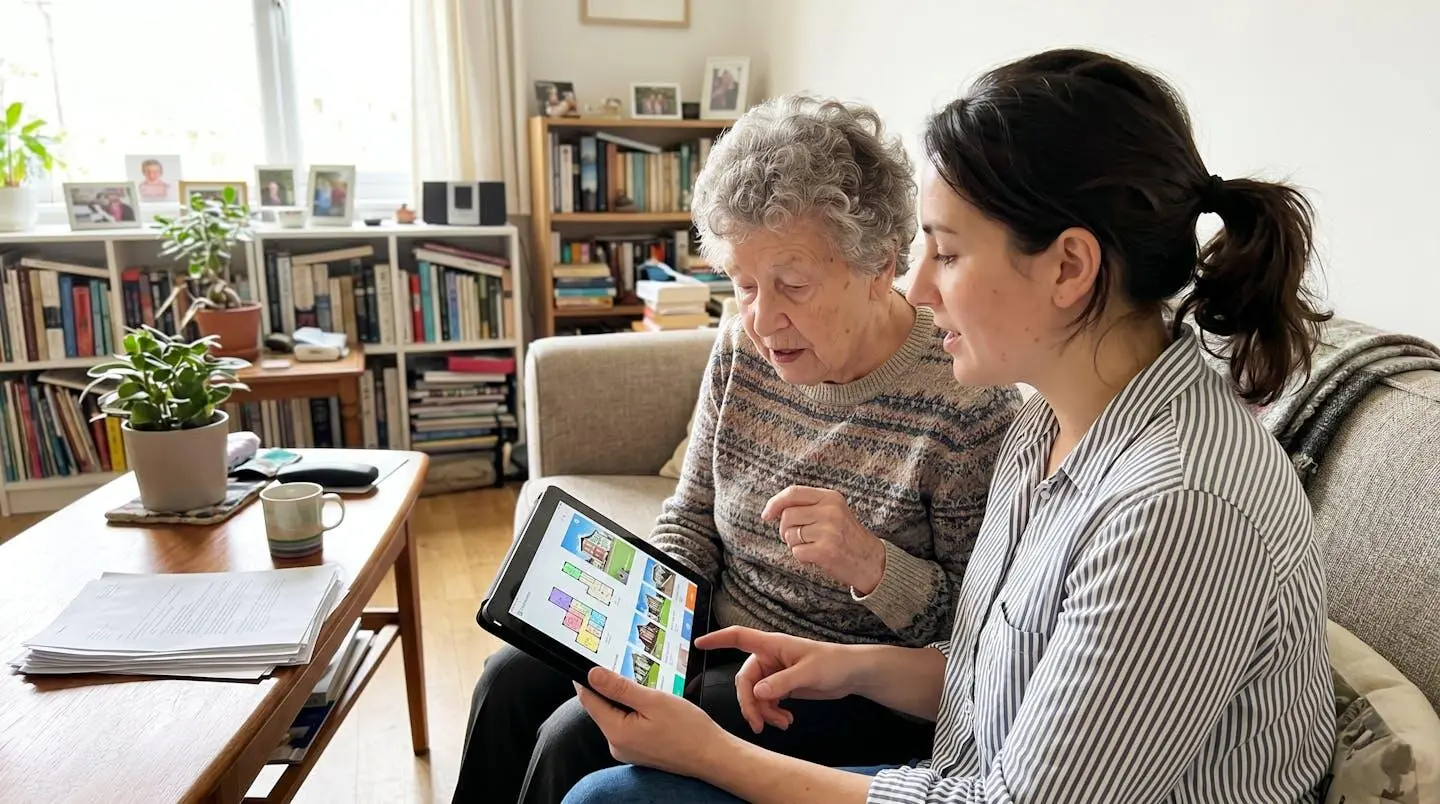Une femme senior et une personne plus jeune consultent ensemble des documents sur une tablette dans un salon lumineux et moderne