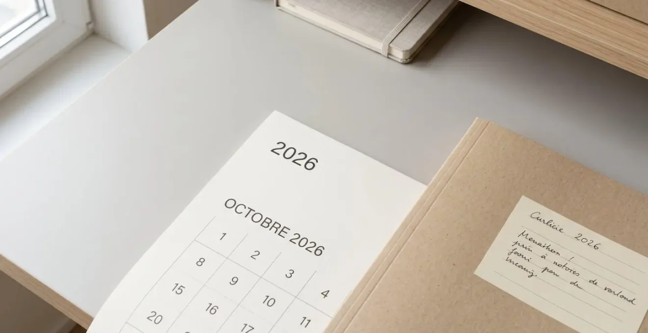 Calendrier affichant plusieurs mois à venir avec dates entourées et dossier administratif sur un bureau