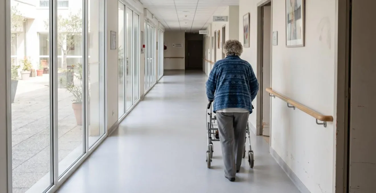 Personne âgée marchant de dos dans un couloir lumineux d'établissement médicalisé moderne avec rampes de soutien