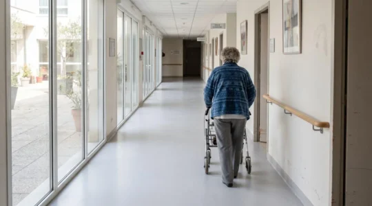 Personne âgée marchant de dos dans un couloir lumineux d'établissement médicalisé moderne avec rampes de soutien