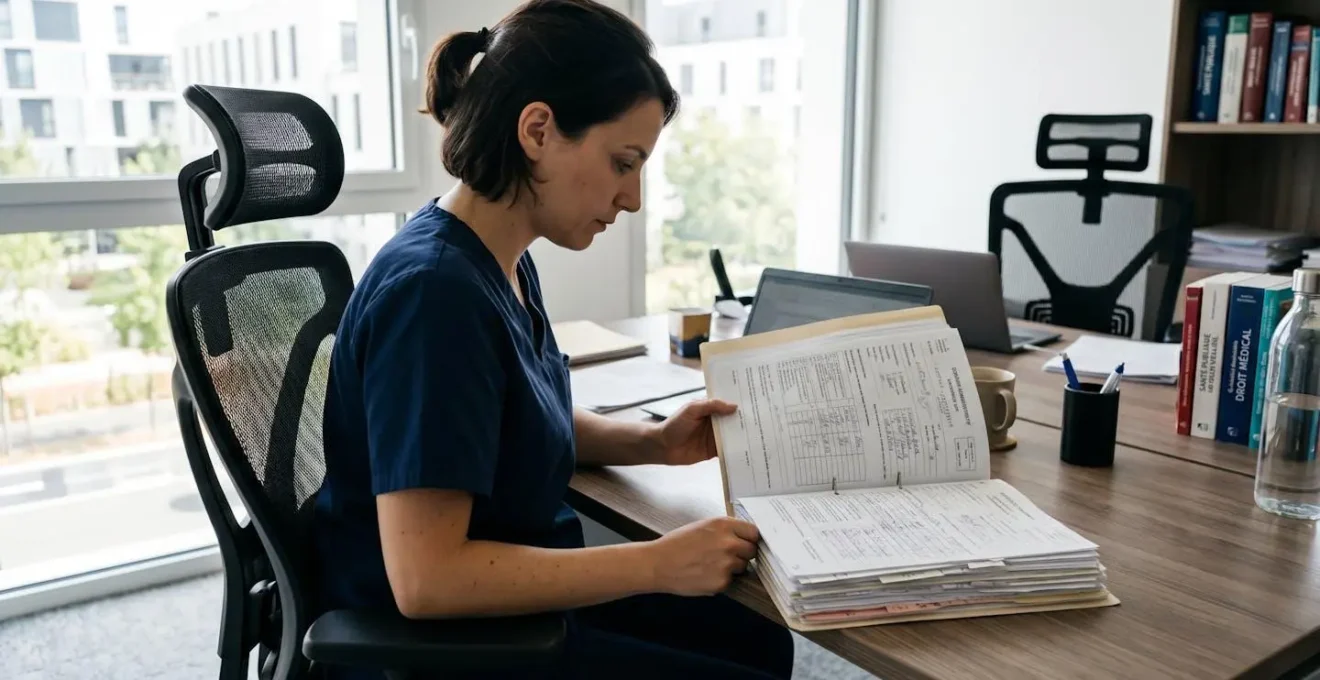 Professionnel de santé consultant un épais dossier administratif sur un bureau dans un environnement médico-social contemporain