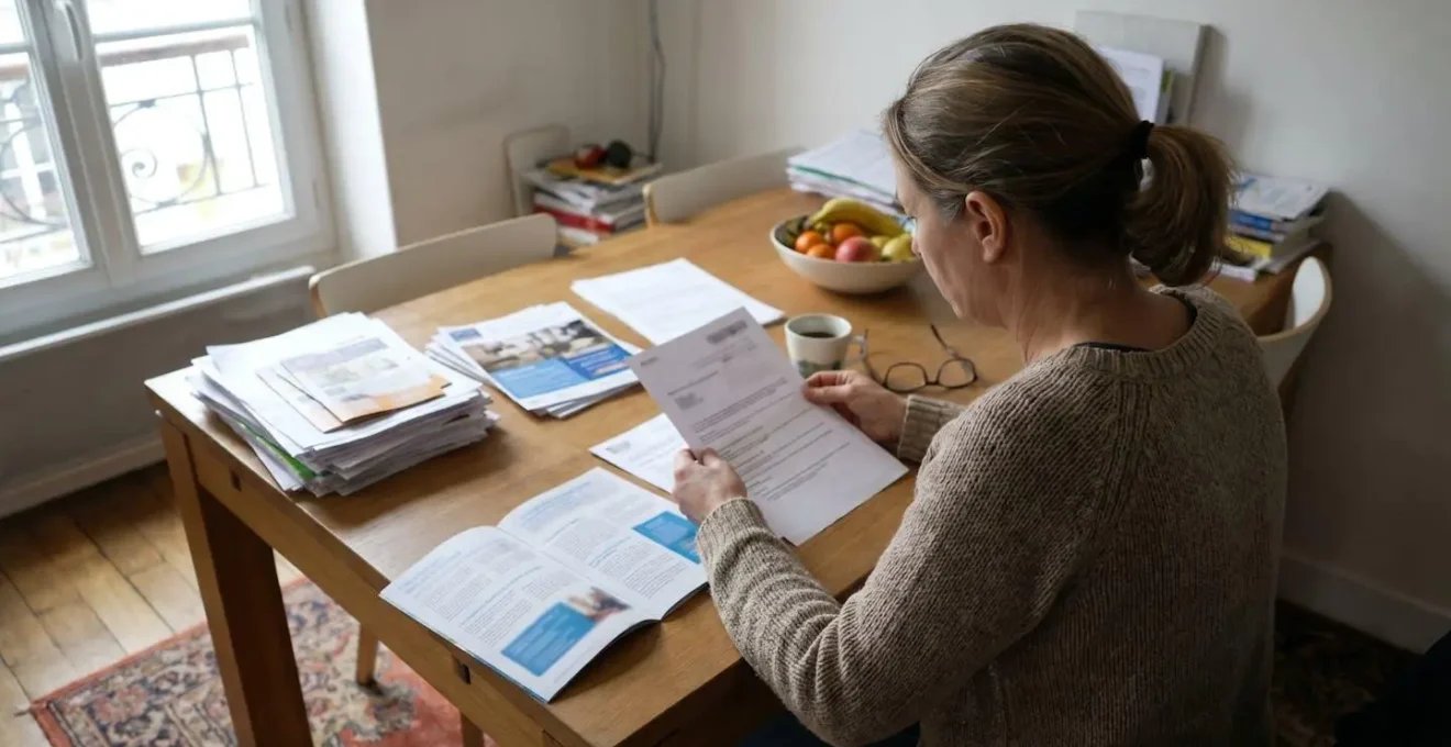 Femme d'âge mûr assise à une table de salle à manger contemporaine, vue de dos, consultant des documents et brochures étalés devant elle, lumière naturelle d'une fenêtre, intérieur résidentiel français moderne