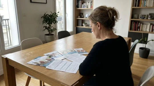 Femme d'âge mûr assise à une table de salle à manger contemporaine, vue de dos, consultant des documents et brochures étalés devant elle, lumière naturelle d'une fenêtre, intérieur résidentiel français moderne