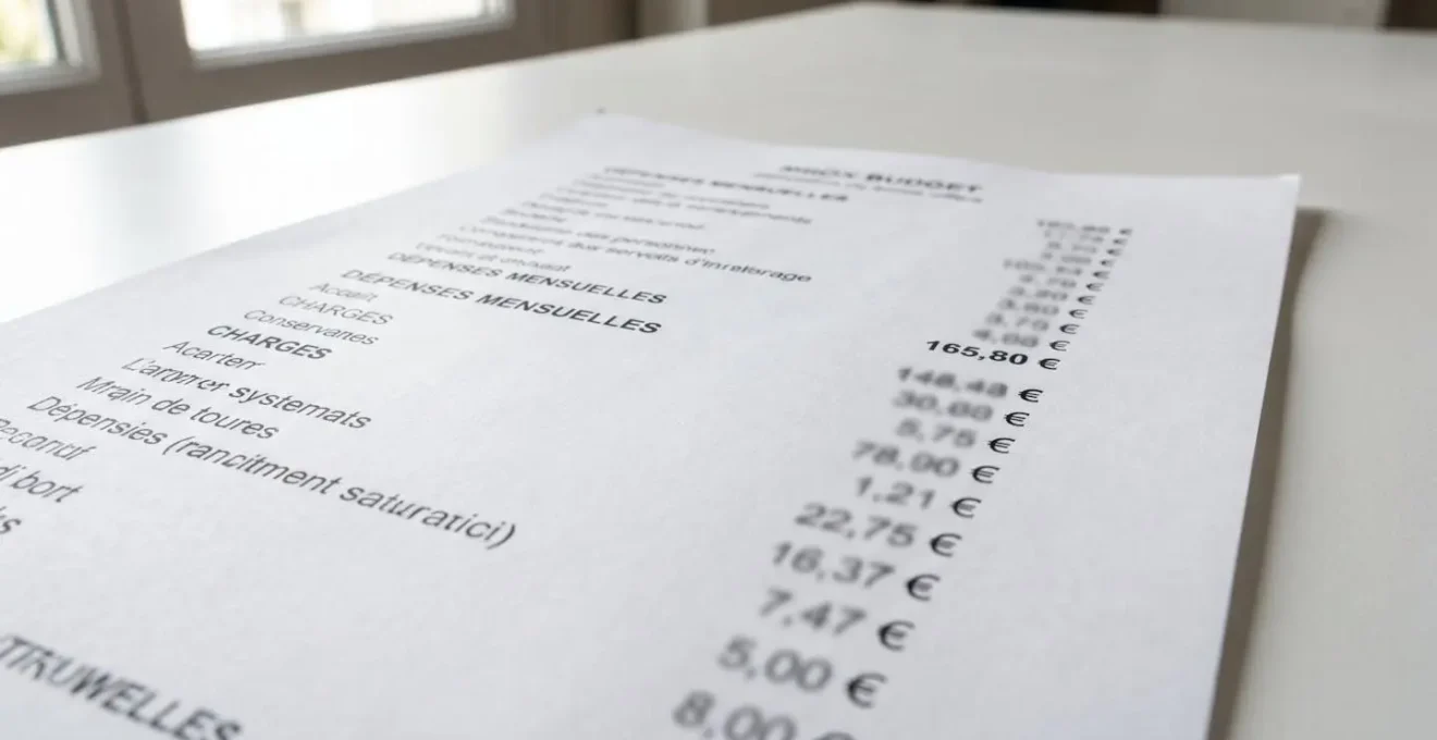 Gros plan sur un document budgétaire imprimé posé sur une surface blanche contemporaine, montrant plusieurs lignes de coûts détaillés avec montants en euros, texte net, lumière naturelle latérale