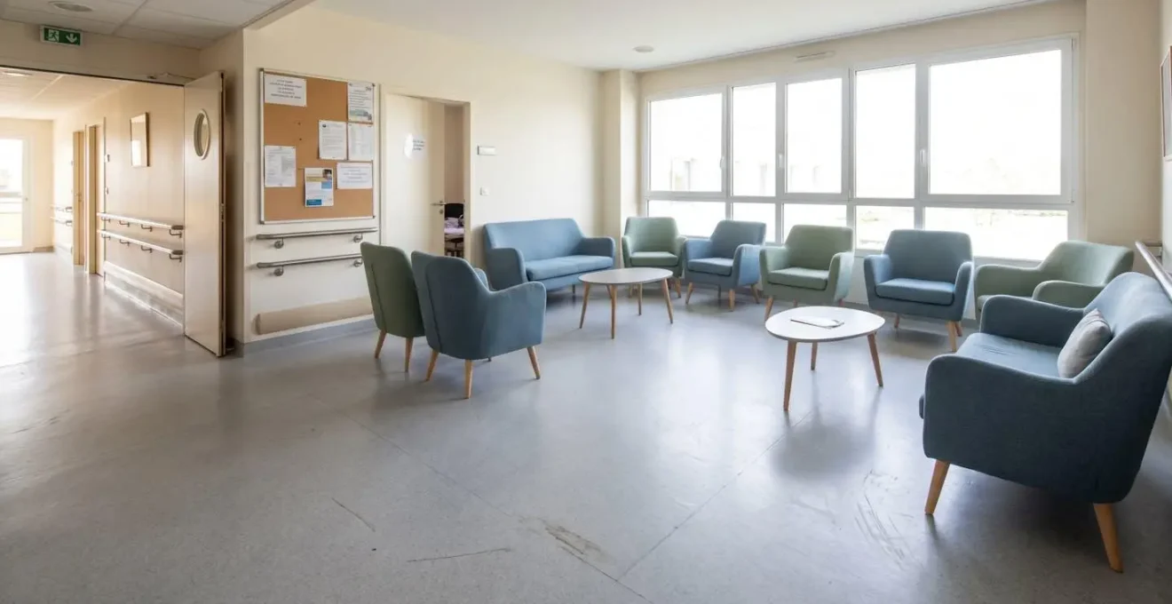 Salle de vie commune vide et lumineuse dans un établissement médico-social contemporain français, avec fauteuils et canapés confortables, grandes fenêtres apportant lumière naturelle, sol en linoleum propre, rampes murales visibles, panneau d'affichage au mur