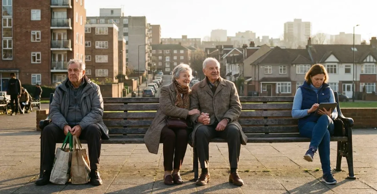 Trois seniors aux profils différents assis sur un banc face à un paysage urbain mixte symbolisant les choix de logement