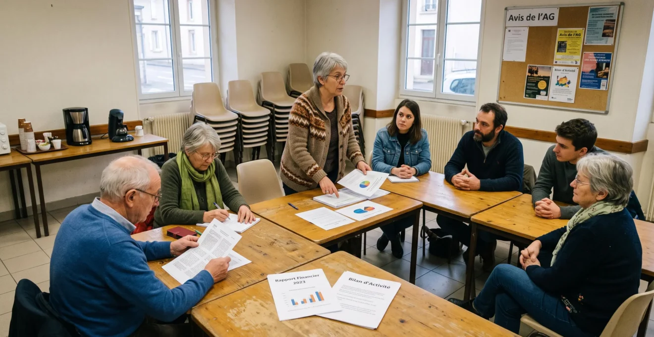 Assemblée générale d'une association française avec membres examinant les rapports de transparence financière