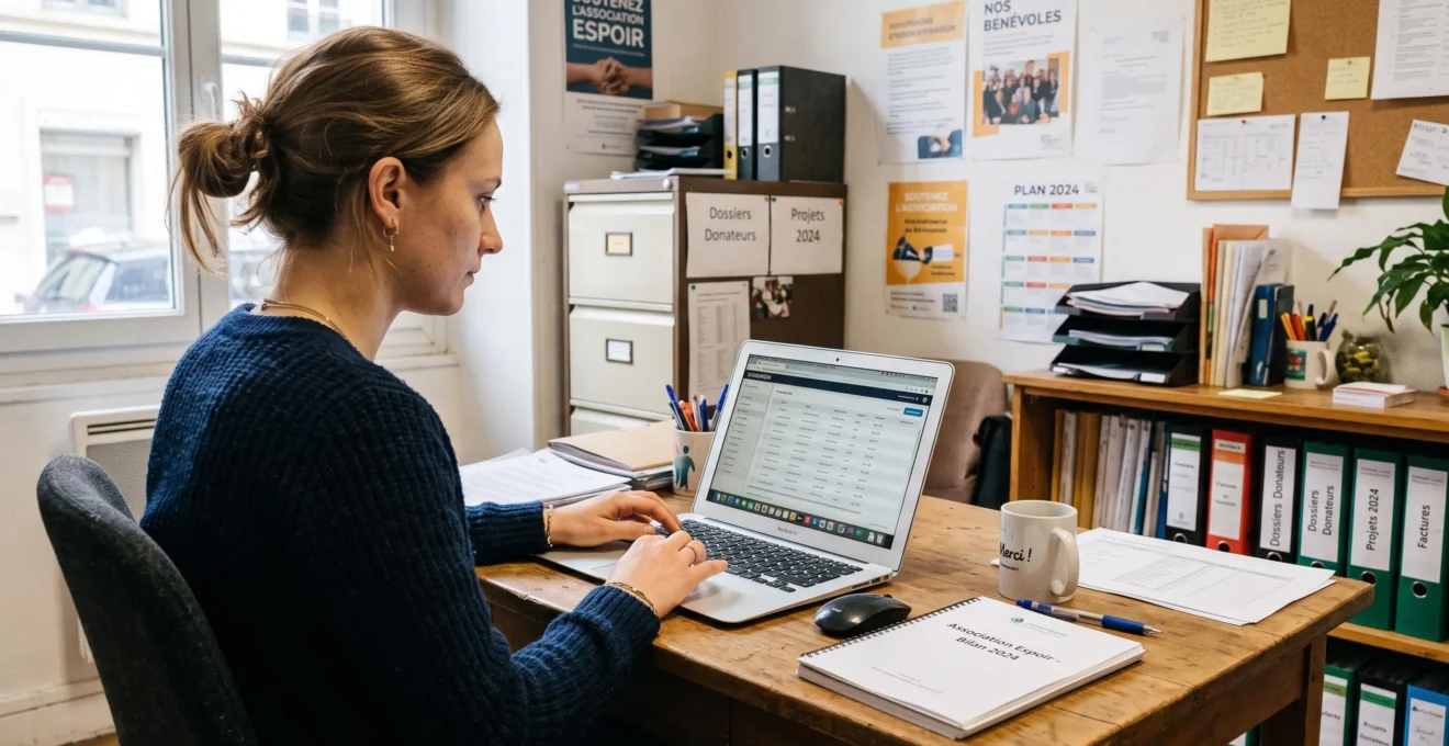 Responsable de collecte d'association travaillant sur la gestion de la base de donateurs dans un bureau associatif