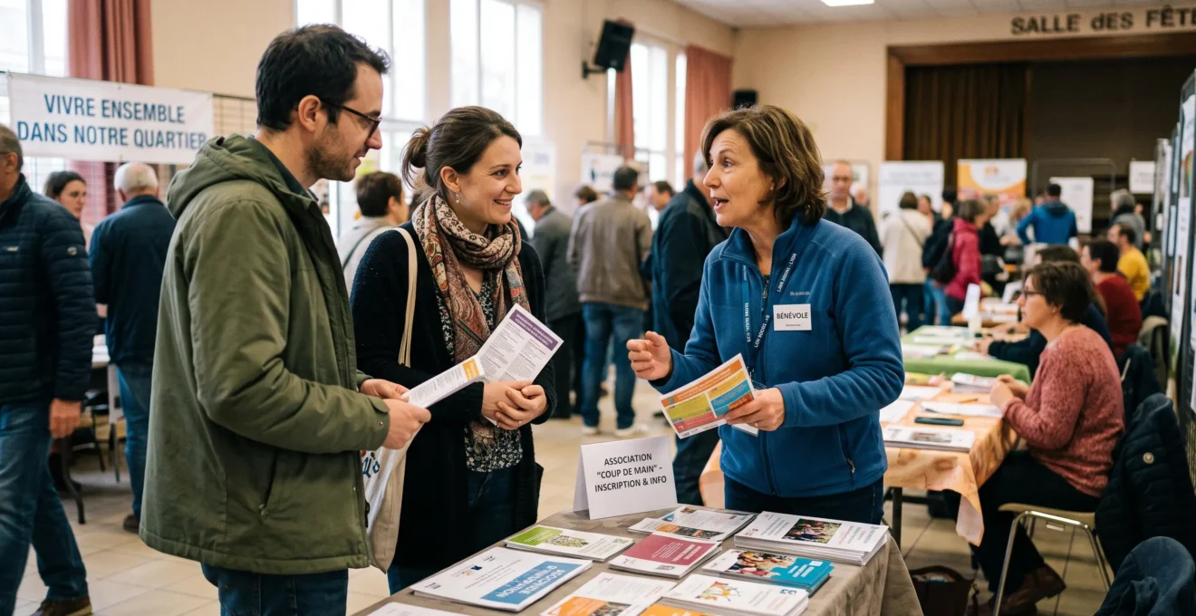 Représentant d'association en discussion avec des visiteurs sur un stand d'information lors d'un événement communautaire en France
